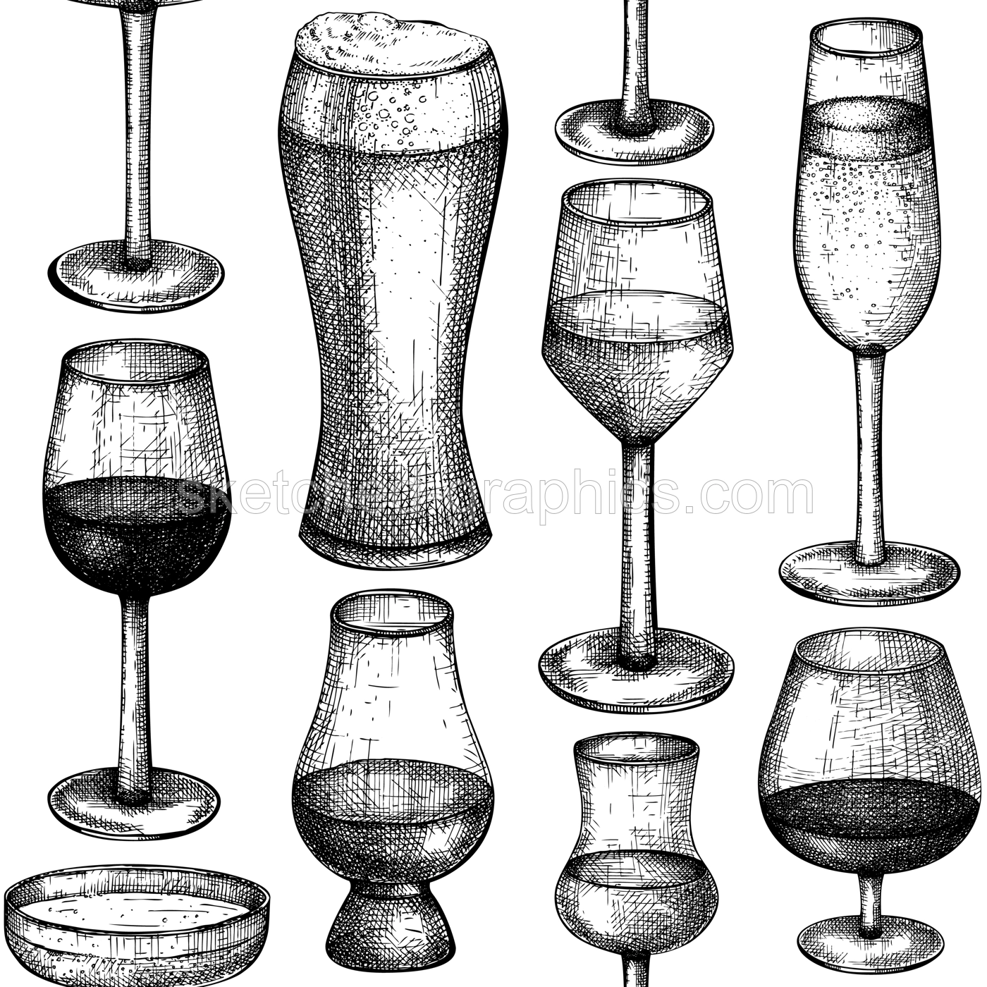 Alcoholic beverages seamless pattern. Hand-sketched alcoholic drinks glasses background. Popular alcohol drinks backdrop for bar or restaurant menu isolated on white background. Vintage bar design. Illustration